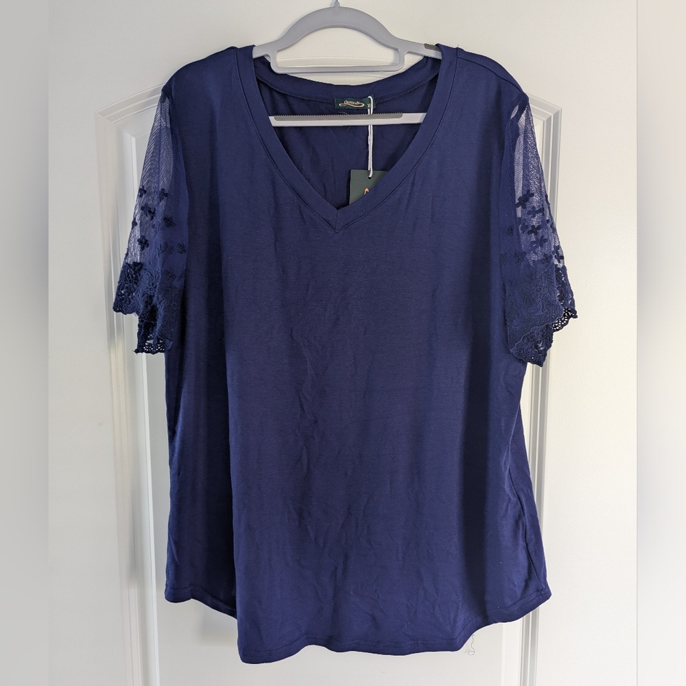 Navy Blue Lace Sleeve Women's Top